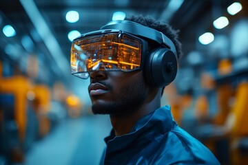 Man in futuristic VR headset industrial setting digital overlay technology concept