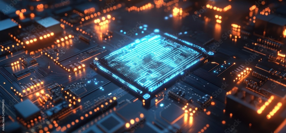 Poster futuristic digital circuit board processor concept with glowing lines and neon lighting
