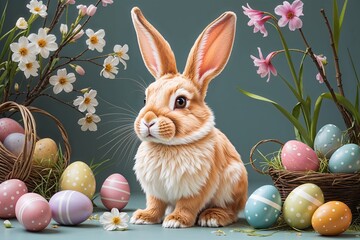 Easter Celebration with Stylish Bunny in Sunglasses Delightful Spring Doodles and Cute Artwork for Greeting Cards and Website Design