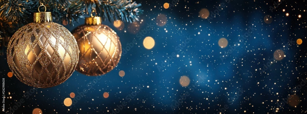 Poster golden christmas ornaments with intricate patterns and soft bokeh background