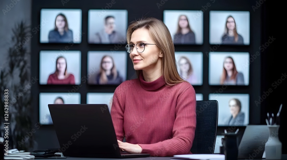 Poster A tech savvy Indian businesswoman multitasking with her laptop and a tablet  engaged in a virtual meeting in a sleek  open concept workspace  The image portrays a modern