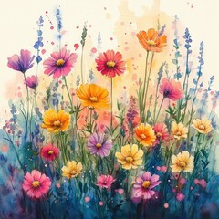 Vibrant Watercolor Wildflowers in Blooming Spring Meadow