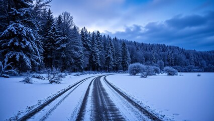 Serene Winter Road Winding Through Snow-Covered Forest