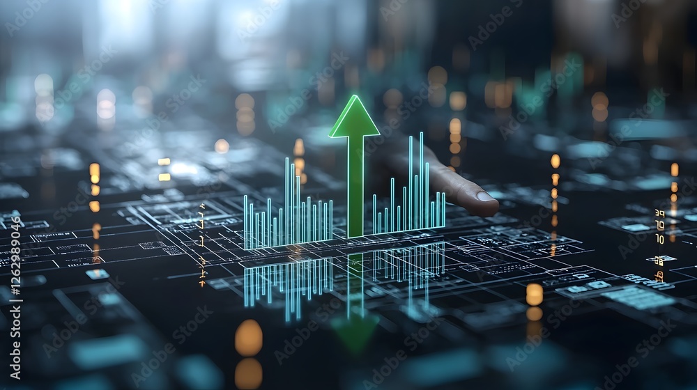 Poster A close up view of a massive glowing green arrow rising touched by a pointing finger symbolizing business growth and financial success  In the foreground