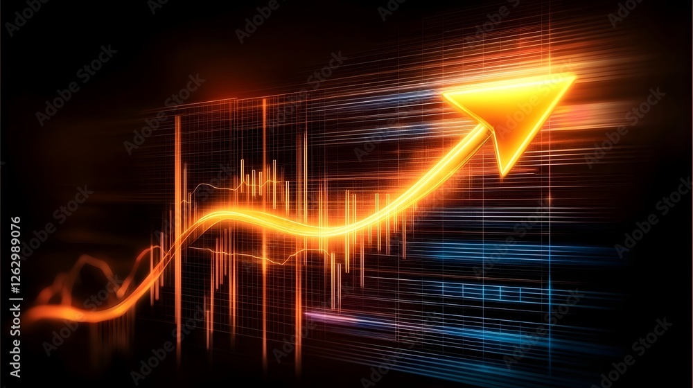 Poster Futuristic Financial Growth Concept with Cyber Arrow and Glowing Nodes Ascending Towards Innovation and Investment Potential  Abstract Background Featuring Financial Market Analytics