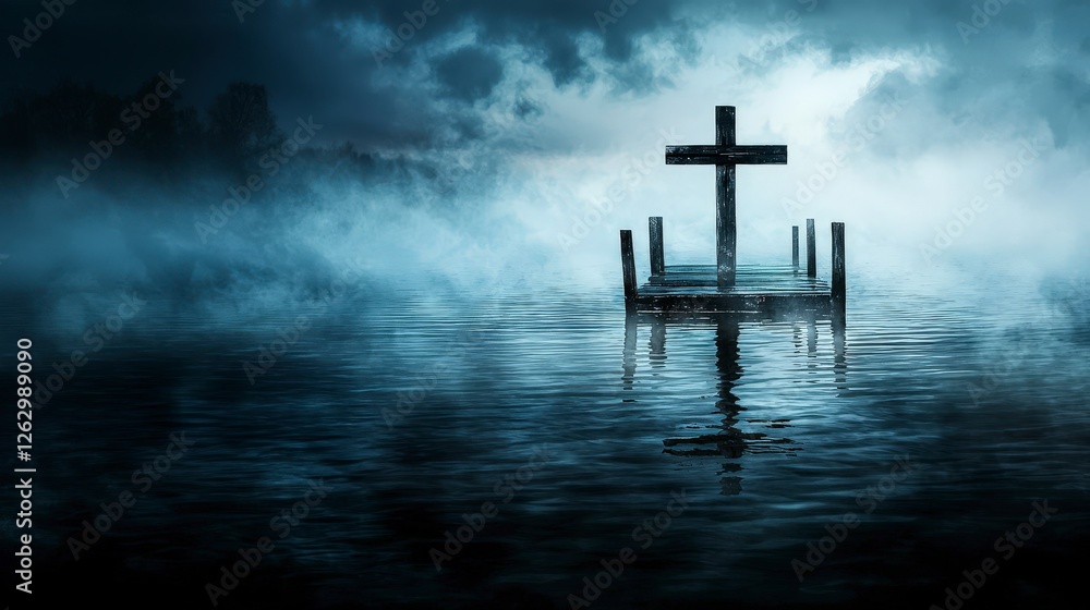 Poster solitary reflection at dusk abandoned dock digital art misty water atmospheric view abstract beats o