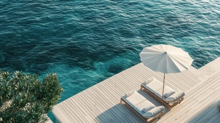 Fototapeta premium Tranquil Beachside Loungers with Umbrella Overlooking Clear Water
