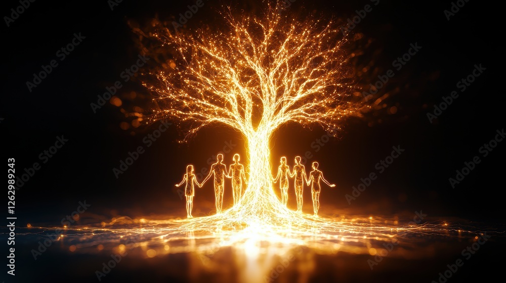 Poster a luminous tree with shimmering branches stands, surrounded by glowing figures holding hands, symbol