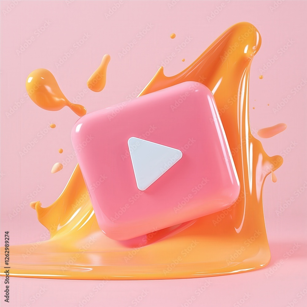 Poster abstract pink cube with play button surrounded by dynamic orange splash on soft pink background.