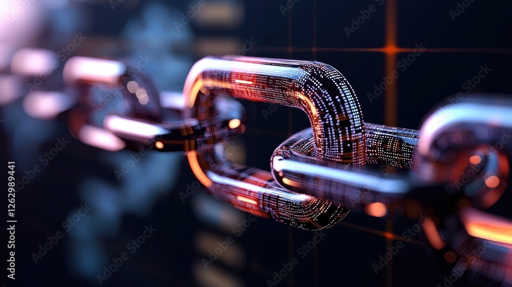 Poster a futuristic chain link design, illuminated by light, symbolizing security and connectivity in a dig