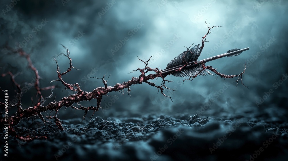 Poster trembling arrow of void in cracked cognitive frame surreal landscape digital art dark atmosphere clo