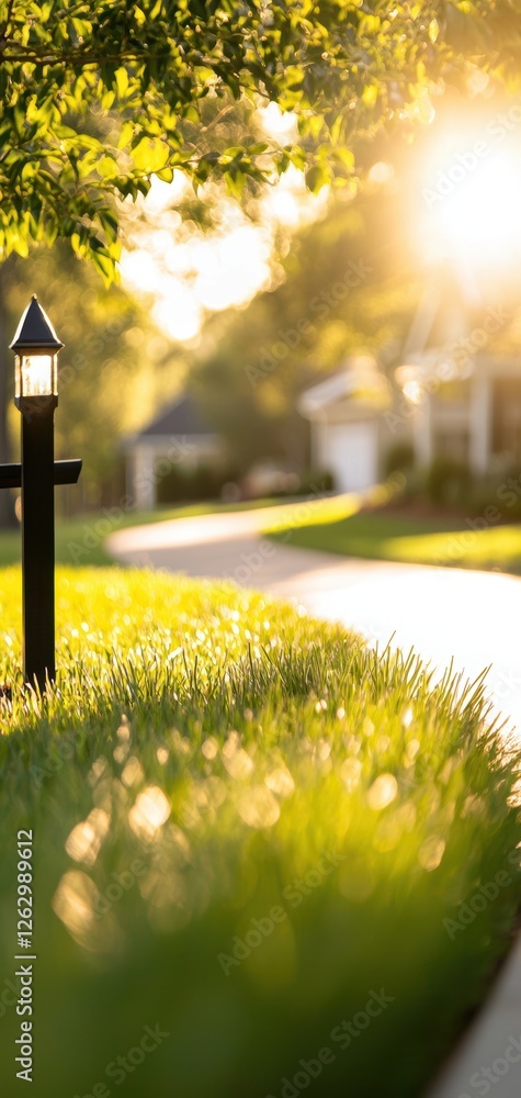 Poster a serene pathway lined with lush grass and illuminated by warm sunlight, creating a peaceful and inv