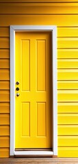 Fototapeta premium A vibrant yellow door stands against a bright yellow wall, framed in white, creating a cheerful and inviting entrance.