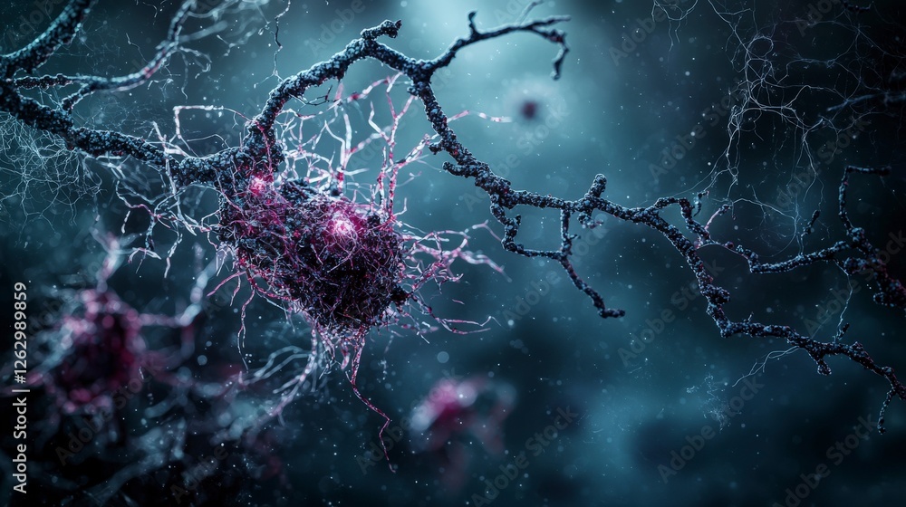Poster Neural networks intertwining in the boundless void digital art abstract dark environment close-up fragility concept