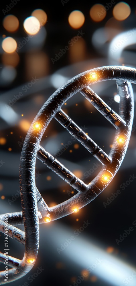 Poster a close-up view of a dna double helix, illuminated with glowing elements, representing genetic scien