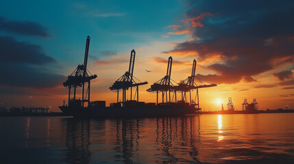 Obraz premium Container truck in ship port for business Logistics and transportation of Container Cargo ship and Cargo plane with working crane bridge in shipyard at sunrise, logistic import export and transport