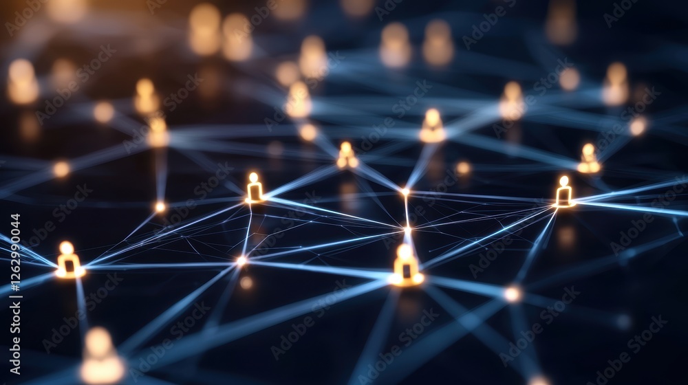 Poster a digital network representation featuring interconnected nodes resembling people, symbolizing commu