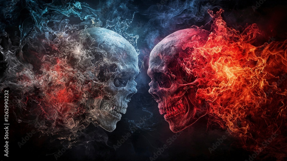 Aufkleber conflict of shadows skulls in fiery dreamscape digital art surreal environment close-up agony concep