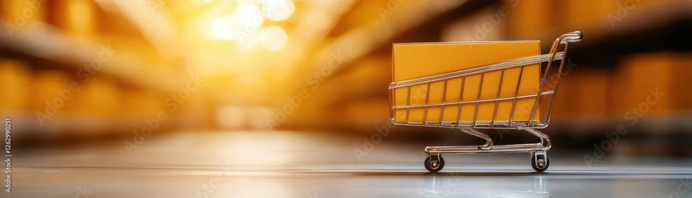 Poster a shopping cart stands in a warehouse aisle illuminated by warm light, surrounded by neatly stacked 