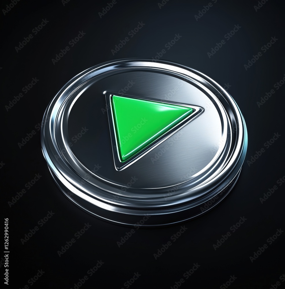 Poster metallic play button with a green triangle on a dark background.
