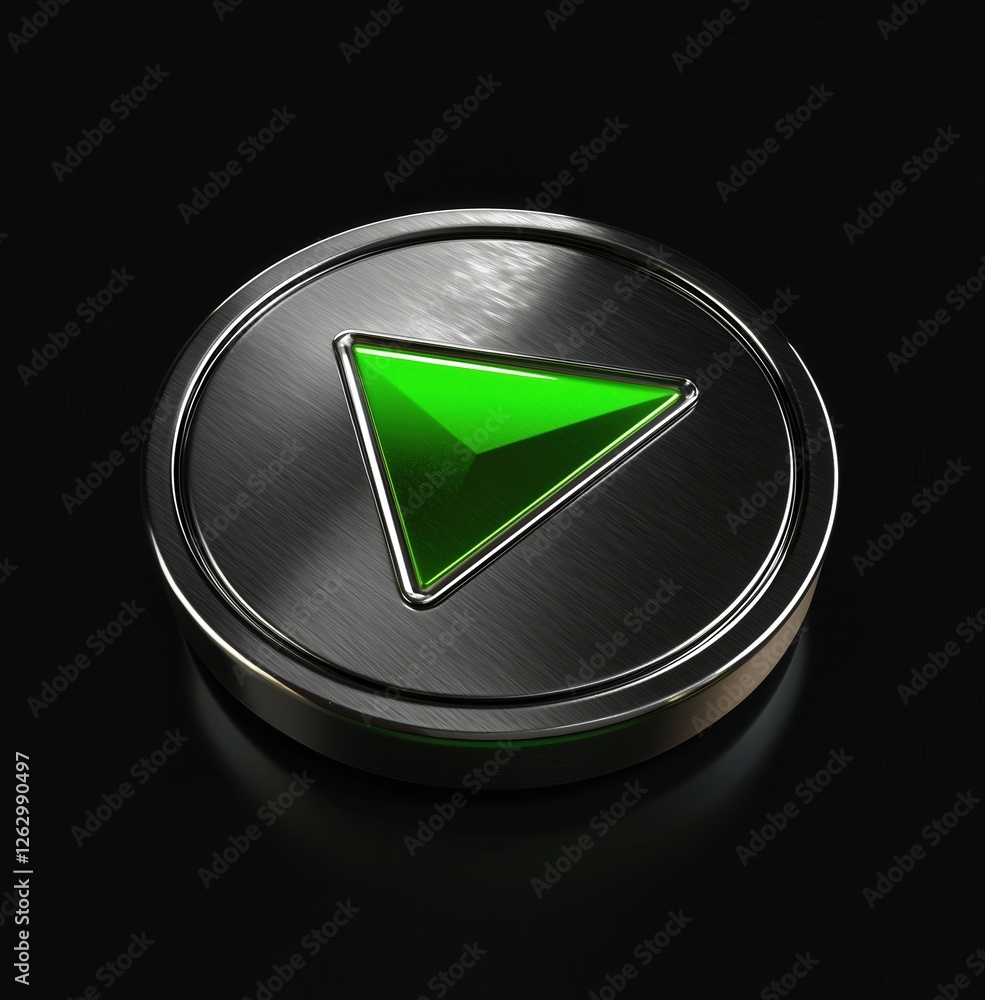 Poster metallic button with a glowing green arrow symbol on a dark background.