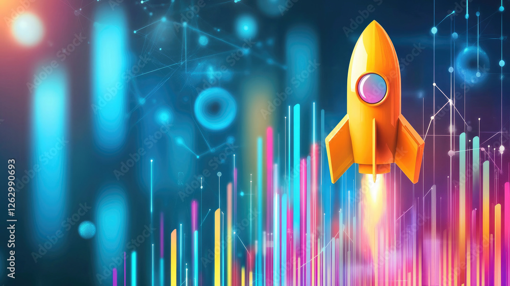 Poster exploring exponential growth a colorful chart with a rocket launching into the future