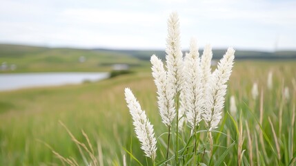 Obraz premium White grass blooms, rural landscape, lake, hills