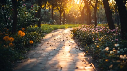Obraz premium Serene Pathway Through Flowering Garden at Sunset Glow