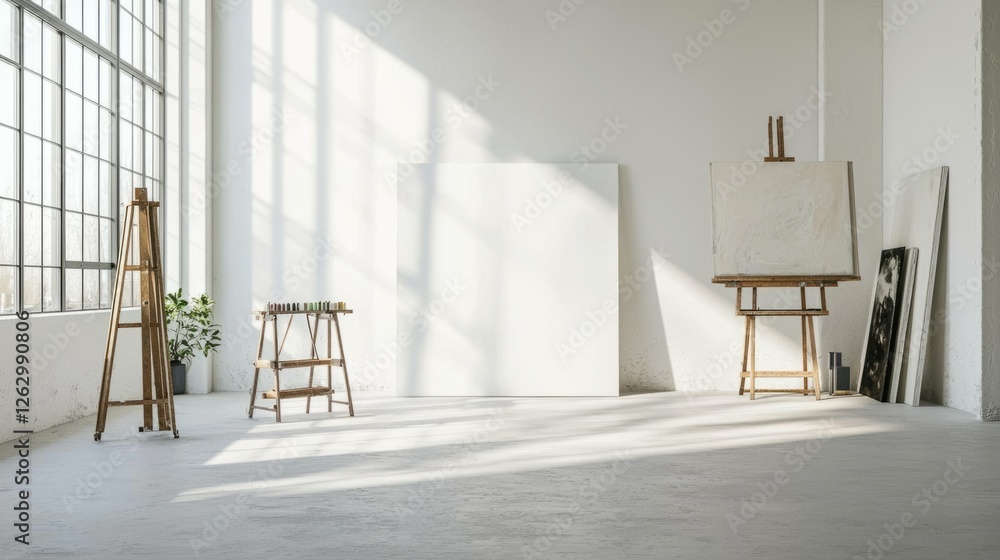 Poster bright and minimalist art studio with empty canvas and easel