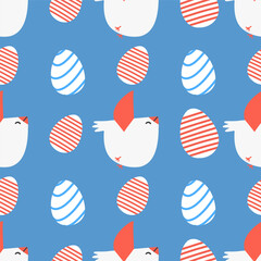 Happy Easter seamless pattern with eggs and bird. Vector hand draw print.