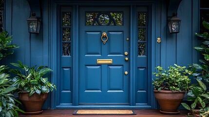 Bright blue front door with a classic knocker and potted plants on each side creating a charming and welcoming atmosphere  Clean background with available copy space