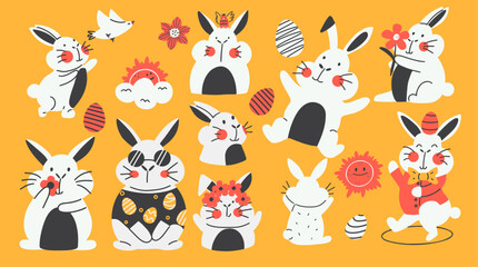 Fototapeta premium Colorful set of Easter bunnies in different poses. Cartoon cute rabbits, Easter eggs, flowers and sun.