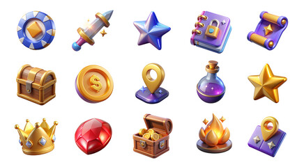 3d icon set of game assets, mystery elements. Mobile game icons, star and shiny potion, diamonds, ruby, treasure chest filled with coins