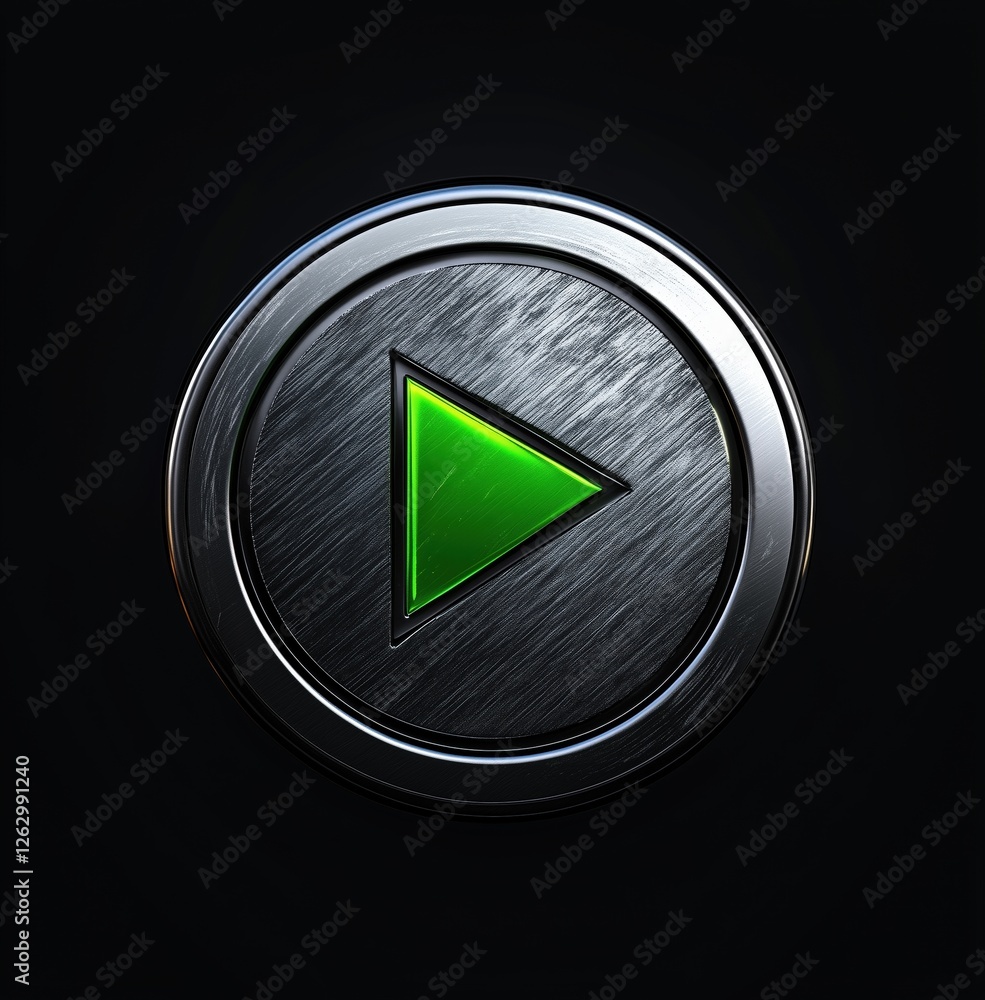 Poster metallic play button with green triangle on a dark background.