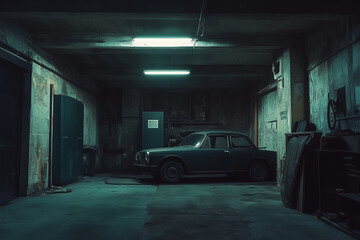 Abandoned factory with an old car in a dark grunge interior