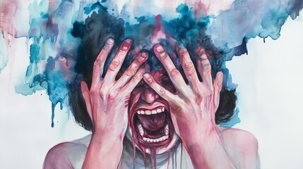 A surreal, artistic depiction of a person struggling with depression and anxiety, hands on their head, surrounded by chaotic and dark elements representing inner turmoil and overthinking.