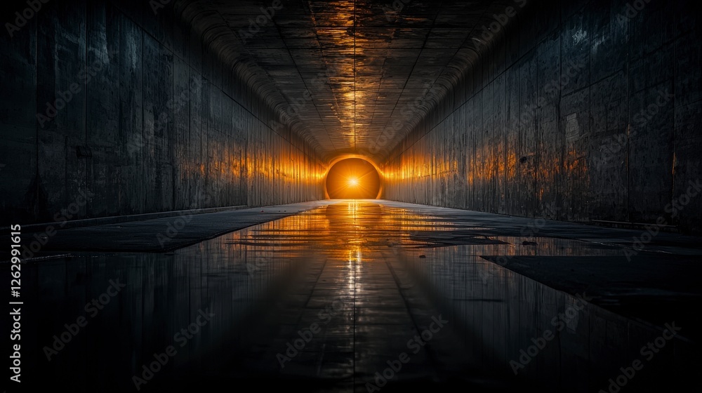 Poster dark environment urban exploration surreal imagery of mysterious light emanating from a tunnel