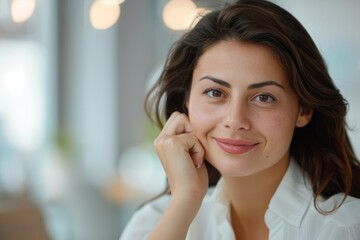 Young woman smiling indoors with soft lighting. Neural network AI generated