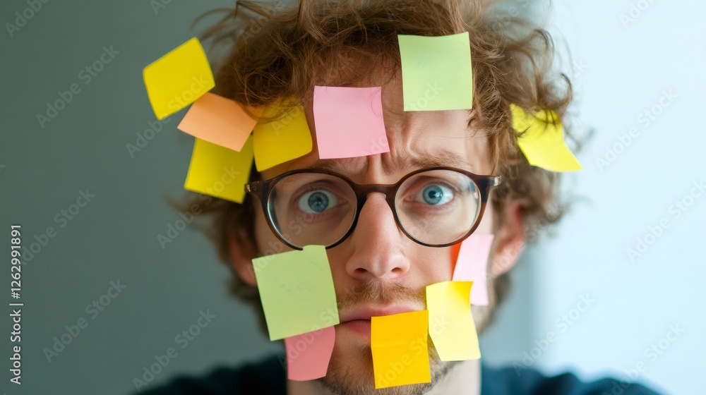 Poster Young professional surrounded by colorful sticky notes, illustrating the chaos of multitasking and the stress of managing deadlines in a hectic work environment