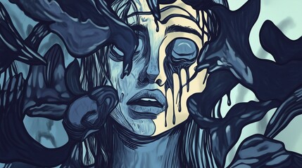 A surreal, artistic depiction of a person struggling with depression and anxiety, hands on their head, surrounded by chaotic and dark elements representing inner turmoil and overthinking.