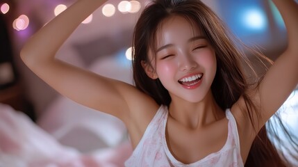 Discover the pure joy of snagging incredible online deals A cheerful woman celebrating an online shopping sale in her living room showcases the excitement of smart shopping from home Experience the