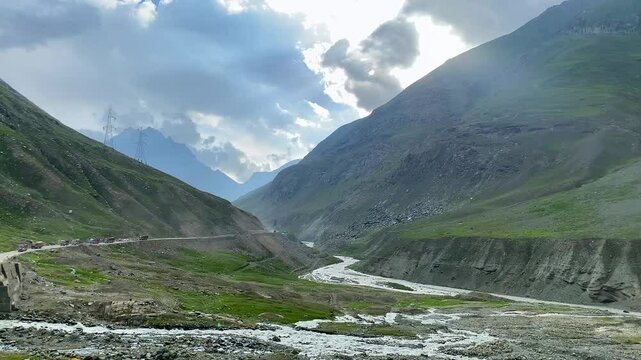 A view of the beautiful Himalayan mountains at Zoji La, passing through the Srinagar-Leh highway, in Ladakh, India.
