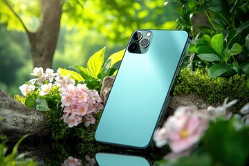 Download stunning studio shot of iPhone Pro Max with blank screen for design mockup This high-resolution image showcases the device in a natural, leafy setting, ideal for showcasing app interfaces