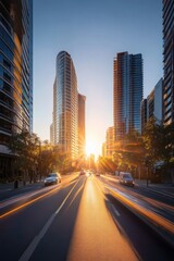 Obraz premium Golden Hour Cityscape: Sunlit Streets and Modern Towers