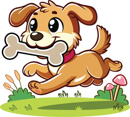 Cartoon Cute Dog Running with Bone – Playful Puppy Vector Illustration for Stickers and Merchandise.