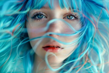Young woman with blue hair portrait on abstract background. Neural network AI generated