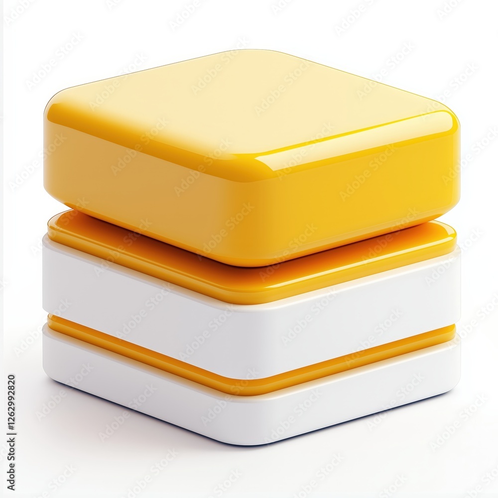 Poster stack of glossy yellow and white cubes with rounded edges on a white background.
