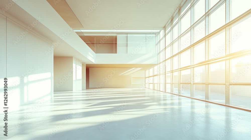 Poster modern empty room with large windows and soft natural light