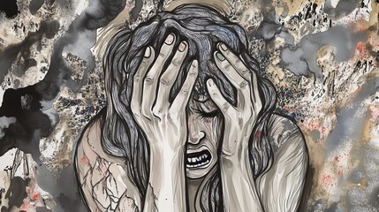 A surreal, artistic depiction of a person struggling with depression and anxiety, hands on their head, surrounded by chaotic and dark elements representing inner turmoil and overthinking.