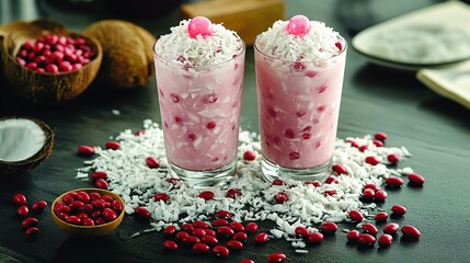 Indonesian es kacang merah with red beans, shaved ice, coconut milk, and palm sugar syrup, served in a traditional glass 